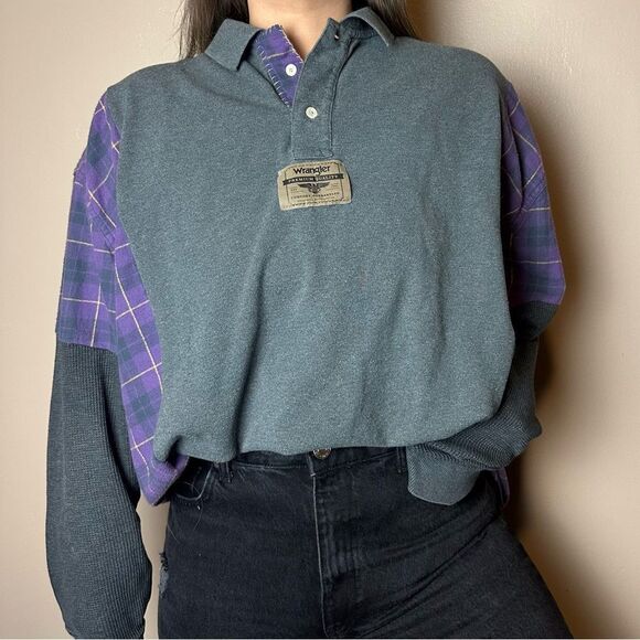 Reworked Upcycled Wrangler Long Sleeve Lightweight Flannel Sweater Shirt Top - Picture 2 of 4